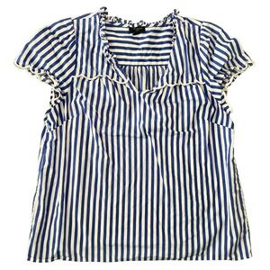 Talbots Petite Blue & White Striped Ruffle Collar Blouse MP | Cotton